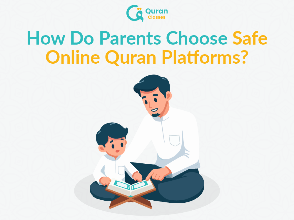 Parent helping child attend an online Quran class safely on a laptop.